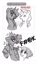 Size: 2407x4096 | Tagged: safe, artist:opalacorn, derpibooru import, oc, oc only, oc:silver stream, oc:void, alicorn, pegasus, pony, unicorn, zebra, black and white, censored, censored vulgarity, dialogue, female, grawlixes, grayscale, horn, male, mare, monochrome, partial color, simple background, sneaky, speech bubble, stallion, surprised, trio, vulgar, white background, zebra alicorn