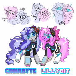 Size: 3000x3000 | Tagged: safe, artist:opalacorn, derpibooru import, oc, oc only, oc:cinnabyte, oc:lillybit, earth pony, pony, blush lines, blushing, bow, colored pupils, cross-popping veins, duo, duo female, emanata, female, floating heart, hair bow, headphones, headset, heart, looking at you, mare, microphone, name, open mouth, open smile, simple background, smiling, smiling at you, sparkles, text, visor, white background, x eyes