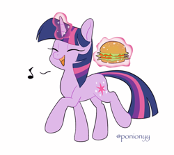 Size: 1200x1068 | Tagged: safe, artist:sion, derpibooru import, twilight sparkle, unicorn twilight, pony, unicorn, g4, cute, eyes closed, female, glowing, glowing horn, happy, horn, levitation, magic, magic aura, mare, music notes, open mouth, open smile, raised hoof, raised leg, signature, simple background, smiling, solo, telekinesis, that pony sure does love burgers, twiabetes, twilight burgkle, walking, white background