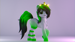 Size: 2560x1440 | Tagged: safe, artist:lithus, derpibooru import, oc, oc only, oc:lithus, earth pony, pony, wolf, wolf pony, 3d, blender, blender cycles, chest fluff, clothes, crown, ear fluff, ears, fangs, gradient background, gradient legs, gradient mane, gradient tail, happy, jewelry, looking at you, open pony, photo shoot, raised hoof, raised leg, regalia, render, shoulder fluff, socks, solo, tail