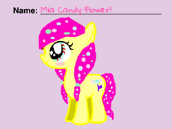 Size: 585x439 | Tagged: safe, artist:pinkiedashpony, derpibooru import, oc, oc only, oc:mia candy flower, earth pony, pony, 1000 hours in ms paint, 2015, base used, blush sticker, blushing, candy, candy in hair, eyestrain warning, female, filly, foal, food, looking away, multicolored eyes, needs more saturation, pigtails, pink hair, reference sheet, scratch.mit.edu, simple background, smiling, solo, standing, text, twintails, yellow coat