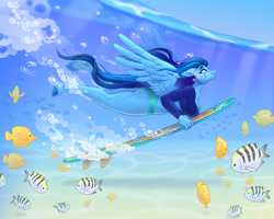 Size: 2145x1718 | Tagged: safe, artist:tentaclebaka, derpibooru import, oc, oc only, anthro, fish, pegasus, unguligrade anthro, air bubble, bubble, clothes, crepuscular rays, diving, feather, female, flowing mane, flowing tail, holding breath, looking up, ocean, outdoors, smiling, solo, spread wings, sunlight, surfboard, swimming, tail, tropical fish, underwater, underwear, water, wings