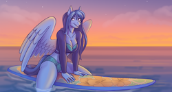 Size: 2000x1068 | Tagged: safe, artist:tentaclebaka, derpibooru import, oc, oc only, anthro, pegasus, bra, breasts, cleavage, clothes, crepuscular rays, female, grin, ocean, outdoors, sitting, smiling, solo, sunlight, sunset, surfboard, underwear, water