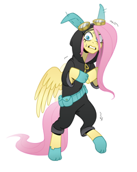 Size: 1218x1526 | Tagged: safe, artist:tentaclebaka, derpibooru import, fluttershy, pegasus, pony, g4, bipedal, clothes, costume, dangerous mission outfit, female, goggles, hair over one eye, hoodie, hooves together, mare, partially open wings, scared, simple background, solo, sweat, walking, white background, wings