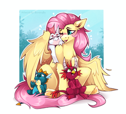 Size: 2795x2526 | Tagged: safe, artist:buvanybu, derpibooru import, baby cinder, baby rubble, baby sparks, fluttershy, dragon, pegasus, pony, g4, sweet and smoky, baby, baby dragon, female, male, mare, my little pony: friendship is magic, one eye closed, open mouth, open smile, partially open wings, passepartout, smiling, wings