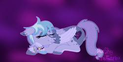 Size: 1414x713 | Tagged: safe, artist:azira faerinx, derpibooru import, oc, oc only, pegasus, pony, g4, abstract background, bangs, blue mane, colored hooves, colored wings, cute, ear fluff, ear piercing, ears, ethereal mane, female, folded wings, fusion, fusion:oc:lunaband, fusion:rarity, heart cutiemark, hooves, long hair, long mane, long tail, multicolored hair, multicolored mane, multicolored wings, multiple piercings, nose piercing, pegasus oc, piercing, purple coat, septum piercing, sleeping, solo, solo female, starry mane, tail, wings