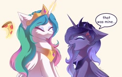 Size: 2048x1289 | Tagged: safe, artist:maxi_ponie, artist:maxip0ny, derpibooru import, princess celestia, princess luna, alicorn, pony, g4, :p, celestia's crown, chest fluff, crown, dialogue, duo, duo female, ear fluff, ears, ears back, ethereal mane, eyebrows, eyebrows visible through hair, eyes closed, eyeshadow, female, folded wings, food, glowing, glowing horn, happy, horn, jewelry, luna's crown, magic, magic aura, makeup, mare, open mouth, peytral, pizza, regalia, royal sisters, siblings, silly, silly face, sisters, sitting, speech bubble, starry mane, tongue, tongue out, wings