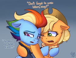 Size: 2048x1560 | Tagged: safe, artist:galaxy swirl, derpibooru import, applejack, rainbow dash, earth pony, pegasus, pony, g4, appledash, applejack's hat, clothes, cowboy hat, crying, dialogue, duo, duo female, ears, female, floppy ears, folded wings, freckles, hat, hug, lesbian, mare, older, older appledash, older applejack, older rainbow dash, one eye closed, open mouth, sad, shipping, signature, wings