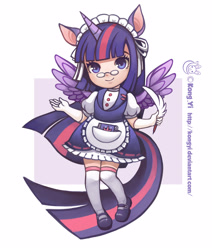 Size: 2796x3300 | Tagged: safe, artist:koyii-kong, derpibooru import, twilight sparkle, twilight sparkle (alicorn), alicorn, human, g4, alicorn humanization, clothes, dress, eared humanization, female, high res, horn, horned humanization, humanized, maid, passepartout, quill, solo, spread wings, tail, tailed humanization, winged humanization, wings