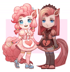 Size: 2359x2425 | Tagged: safe, artist:koyii-kong, derpibooru import, pinkie pie, human, g4, ambiguous facial structure, candy, chibi, clothes, dress, duality, eared humanization, food, high res, humanized, knife, lolita fashion, lollipop, looking at you, passepartout, pinkamena diane pie, smiling, smiling at you, tail, tailed humanization