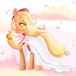 Size: 2048x2048 | Tagged: safe, artist:galaxy swirl, derpibooru import, applejack, earth pony, pony, g4, apple, applejack's hat, blushing, clothes, cloud, cowboy hat, dress, female, food, freckles, hat, heart, mare, outdoors, raised hoof, raised leg, solo