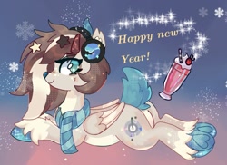 Size: 1280x932 | Tagged: safe, artist:percypawz, derpibooru import, oc, deer, deer pony, original species, peryton, butt, card, clothes, drink, fawn, happy new year, headphones, holiday, lying down, milkshake, plot, prone, scarf, snow, solo, sploot, stars, unshorn fetlocks