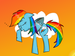 Size: 1600x1200 | Tagged: safe, artist:rai2n, derpibooru import, rainbow dash, pegasus, pony, cloud, eyes closed, female, mare, on a cloud, onomatopoeia, outdoors, sleeping, sleeping on a cloud, solo, sound effects, sunset, zzz