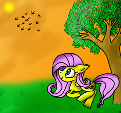 Size: 1600x1500 | Tagged: safe, artist:rai2n, derpibooru import, fluttershy, bird, pegasus, pony, female, looking up, lying down, mare, outdoors, solo, sun, sunset, tree