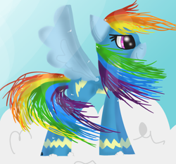 Size: 1600x1500 | Tagged: safe, artist:rai2n, derpibooru import, rainbow dash, pegasus, pony, clothes, cloud, female, mare, on a cloud, outdoors, solo, spread wings, standing on a cloud, uniform, windswept mane, wings, wonderbolts uniform