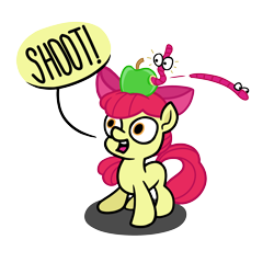 Size: 2400x2400 | Tagged: safe, artist:mafon, derpibooru import, apple bloom, earth pony, pony, worm, g4, apple, apple bloom's bow, apple on head, blank flank, bow, digital art, emanata, female, filly, foal, food, hair bow, high res, implied scootaloo, jumping, offscreen character, open mouth, simple background, speech bubble, this will end in tears and/or death and/or covered in tree sap, transparent background, wide eyes, william tell, yelling