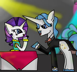 Size: 1600x1500 | Tagged: safe, artist:rai2n, derpibooru import, fancypants, rarity, pony, unicorn, bowtie, clothes, dress, duo, duo male and female, female, horn, indoors, male, mare, raripants, shipping, smiling, stallion, straight, suit