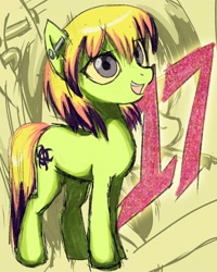 Size: 2000x2500 | Tagged: safe, artist:skypaw10, derpibooru import, oc, oc only, earth pony, pony, abstract background, earth pony oc, full body, green coat, open mouth, open smile, smiling, solo