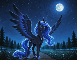 Size: 1728x1344 | Tagged: safe, ai content, derpibooru import, generator:stable diffusion, machine learning generated, princess luna, alicorn, pony, g4, crown, female, flower, flower field, full body, full moon, generator:noobai-xl, generator:zoinksnoob, grass, grass field, hoof shoes, jewelry, lidded eyes, mare, moon, night, night sky, outdoors, peytral, princess shoes, prompter:tyto4tme4l, regalia, road, sky, smiling, solo, spread wings, stars, three quarter view, tree, wings