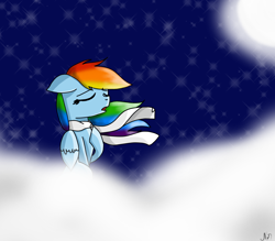 Size: 1600x1400 | Tagged: safe, artist:rai2n, derpibooru import, rainbow dash, pegasus, pony, clothes, cloud, ears, eyes closed, female, floppy ears, mare, moon, night, on a cloud, outdoors, scarf, sitting, sitting on cloud, sky, solo, stars, windswept mane