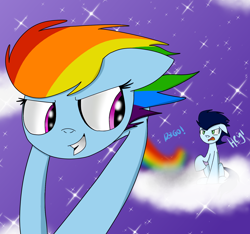 Size: 1600x1500 | Tagged: safe, artist:rai2n, derpibooru import, rainbow dash, soarin', pegasus, pony, cloud, female, looking back, male, mare, night, on a cloud, outdoors, shipping, sitting, sitting on cloud, sky, smiling, soarindash, stallion, stars, straight, windswept mane