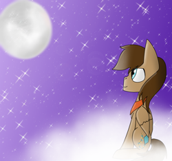 Size: 1600x1500 | Tagged: safe, artist:rai2n, derpibooru import, oc, oc only, oc:kite waver, pegasus, pony, bandana, cloud, fanart, looking up, male, moon, night, on a cloud, outdoors, sitting, sitting on cloud, stallion, stars