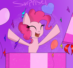 Size: 1600x1500 | Tagged: safe, artist:rai2n, derpibooru import, pinkie pie, earth pony, pony, balloon, confetti, eyes closed, female, glitter, heart, heart balloon, mare, present, smiling, solo, surprise!