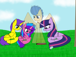 Size: 1600x1200 | Tagged: safe, artist:rai2n, derpibooru import, flash sentry, twilight sparkle, oc, alicorn, ghost, pegasus, pony, undead, alicorn oc, book, brother and sister, cloud, family, female, flashlight, grass, horn, lying down, male, mare, mother and child, mother and daughter, mother and son, offspring, outdoors, parent and child, parent:flash sentry, parent:twilight sparkle, parents:flashlight, reading, request, shipping, siblings, sky, stallion, straight, wings