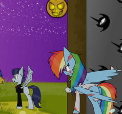 Size: 1600x1500 | Tagged: safe, artist:rai2n, derpibooru import, flash sentry, rainbow dash, soarin', bat pony, pegasus, pony, g4, bat pony costume, clothes, contest entry, costume, evil smile, female, halloween, holiday, jack-o-lantern, male, mare, night, nightmare night costume, outdoors, pumpkin, shipping, smiling, soarindash, stallion, straight, vampire costume, zombie costume