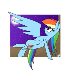 Size: 1200x1200 | Tagged: safe, artist:rai2n, derpibooru import, rainbow dash, pegasus, pony, female, looking up, lying down, mare, moon, night, on back, outdoors, sky, solo, spread wings, stars, tree branch, wings