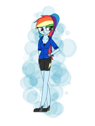 Size: 1200x1600 | Tagged: safe, artist:rai2n, derpibooru import, rainbow dash, human, equestria girls, g4, clothes, female, hoodie, legs, ponytail, shirt, shoes, shorts, simple background, solo, transparent background