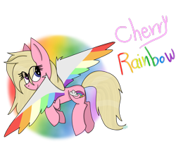 Size: 1600x1500 | Tagged: safe, artist:rai2n, derpibooru import, oc, oc only, oc:cherry rainbow, pegasus, pony, art trade, colored wings, female, flying, looking back, mare, multicolored wings, rainbow wings, simple background, smiling, solo, spread wings, transparent background, wings