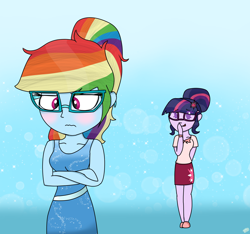 Size: 1600x1500 | Tagged: safe, artist:rai2n, derpibooru import, rainbow dash, sci-twi, twilight sparkle, human, equestria girls, g4, alternate hairstyle, blushing, clothes, crossed arms, cute, dashabetes, dress, egghead dash, female, giggling, glasses, hair bun, ponytail, request, sci-twiabetes, shirt, shoes, skirt, twiabetes