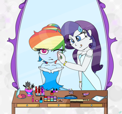 Size: 1600x1500 | Tagged: safe, artist:rai2n, derpibooru import, rainbow dash, rarity, human, equestria girls, g4, annoyed, bracelet, brush, clothes, comb, dress, female, frown, indoors, jewelry, lipstick, makeover, makeup, mirror, nail polish, one eye closed, ponytail, rainbow dash always dresses in style, request, smiling, tomboy taming, tongue, tongue out