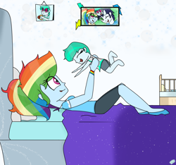 Size: 1600x1500 | Tagged: safe, artist:rai2n, derpibooru import, rainbow dash, soarin', oc, human, equestria girls, g4, baby, bed, clothes, crib, eyes closed, female, holding, indoors, lying down, male, mother, mother and child, mother and daughter, offspring, parent and child, parent:rainbow dash, parent:soarin', parents:soarindash, photo, ponytail, request, shipping, shirt, shoes, shorts, smiling, soarindash, straight, unnamed oc