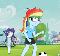 Size: 1600x1500 | Tagged: safe, artist:rai2n, derpibooru import, rainbow dash, rarity, human, equestria girls, g4, annoyed, bracelet, breasts, clothes, dress, female, fence, football, frown, grass, jewelry, messy hair, outdoors, ponytail, rarity is not amused, request, running, shirt, short, sky, smiling, soccer field, soccer goalpost, sports, tree, unamused