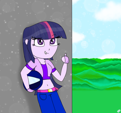 Size: 1600x1500 | Tagged: safe, artist:rai2n, derpibooru import, twilight sparkle, human, equestria girls, g4, belly, belly button, belt, clothes, cloud, female, fingerless gloves, gloves, grass, helmet, leaning, motorcycle helmet, outdoors, pants, request, short shirt, sky, smiling, solo, thumbs up, vest, wall