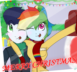 Size: 1600x1500 | Tagged: safe, artist:rai2n, derpibooru import, rainbow dash, soarin', human, equestria girls, g4, arm around neck, chair, christmas, christmas lights, christmas tree, clothes, cute, dashabetes, female, heartwarming, holiday, indoors, male, merry christmas, mittens, ponytail, present, rainbow dash is best human, rainbow sass, scarf, shipping, smiling, soarindash, straight, sweater, sweet dreams fuel, tree