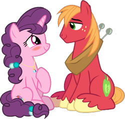 Size: 685x651 | Tagged: safe, derpibooru import, edit, edited screencap, editor:pascalmulokozi2, screencap, big macintosh, sugar belle, earth pony, pony, unicorn, g4, season 9, the big mac question, background removed, female, horn, male, my little pony: friendship is magic, not a vector, romance, romantic, shipping, simple background, smiling, stallion, straight, sugarmac, transparent background