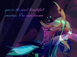 Size: 2700x2000 | Tagged: safe, artist:dazetzky, derpibooru import, princess cadance, queen chrysalis, alicorn, changeling, changeling queen, pony, abstract background, crying, curved horn, duo, female, horn, infidelity, lesbian, mare, sharp teeth, ship:cadalis, shipping, teeth, unshorn fetlocks