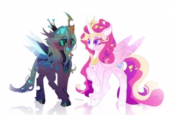 Size: 4096x2756 | Tagged: safe, artist:dazetzky, derpibooru import, princess cadance, queen chrysalis, alicorn, changeling, changeling queen, pony, g4, alternate design, curved horn, duo, female, horn, infidelity, jewelry, lesbian, mare, peytral, regalia, sharp teeth, ship:cadalis, shipping, simple background, teeth, unshorn fetlocks, white background