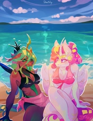 Size: 3138x4096 | Tagged: safe, artist:dazetzky, derpibooru import, princess cadance, queen chrysalis, alicorn, anthro, changeling, changeling queen, beach, bikini, breasts, clothes, curved horn, duo, female, forked tongue, horn, infidelity, lesbian, ocean, outdoors, sarong, sharp teeth, ship:cadalis, shipping, signature, swimsuit, teeth, water