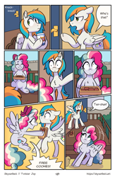 Size: 1522x2339 | Tagged: safe, artist:skysorbett, derpibooru import, oc, oc only, oc:sky sorbet, oc:twister joy, pegasus, pony, comic:breaking free #2, comic, female, male, mare, outdoors, stallion