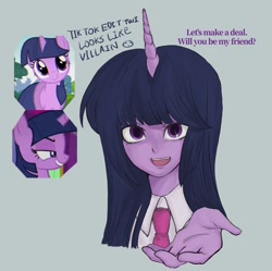 Size: 1479x1471 | Tagged: safe, artist:raritmiu, derpibooru import, twilight sparkle, unicorn twilight, human, pony, unicorn, g4, clothes, evil twilight, female, horn, horned humanization, humanized, mare, necktie, solo