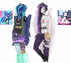 Size: 1829x1607 | Tagged: safe, artist:raritmiu, derpibooru import, aloe, princess celestia, princess luna, alicorn, human, pony, between dark and dawn, g4, 80s princess luna, choker, clothes, female, fishnet clothing, fishnet stockings, horn, horned humanization, humanized, jewelry, leg warmers, mare, my little pony: friendship is magic, necklace, punklestia, ripped stockings, screencap reference, scrunchie, spiked choker, stockings, thigh highs, torn clothes, winged humanization, wings