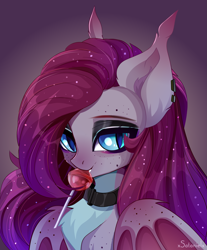 Size: 3727x4500 | Tagged: safe, artist:xsatanielx, derpibooru import, oc, oc only, oc:enya lunar eclipse, bat pony, pony, absurd resolution, bat pony oc, bat wings, candy, female, food, high res, lollipop, mare, slit eyes, solo, wings