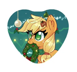 Size: 800x757 | Tagged: safe, artist:percypawz, derpibooru import, applejack, earth pony, pony, g4, apple, christmas, christmas wreath, clothes, cute, ear fluff, ears, eating, food, green eyes, happy new year, holiday, jackabetes, scarf, wreath