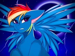 Size: 2000x1500 | Tagged: safe, artist:namelessplaza, derpibooru import, rainbow dash, pegasus, pony, g4, angry, chest fluff, female, mare, moon, moonlight, night, nightmare rainbow dash, nightmarified, purple eyes, solo, spread wings, stars, wings