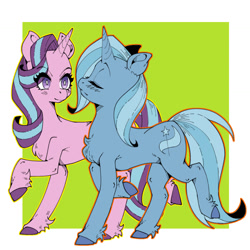 Size: 1191x1191 | Tagged: safe, artist:破坏海胆boom, derpibooru import, starlight glimmer, trixie, pony, unicorn, g4, anatomically incorrect, blushing, chest fluff, duo, eyes closed, female, hooves, horn, my little pony: friendship is magic, passepartout