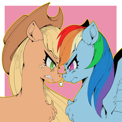 Size: 1191x1191 | Tagged: safe, artist:破坏海胆boom, derpibooru import, applejack, rainbow dash, earth pony, pegasus, g4, blushing, boop, chest fluff, cowboy hat, duo, duo female, female, freckles, hat, my little pony: friendship is magic, passepartout, stare, staring contest